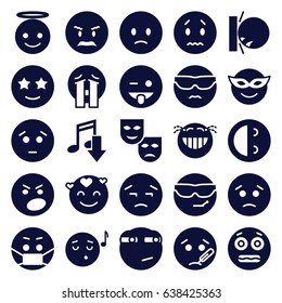 Expression icons set. set of 25 expression filled icons such as emoji in mask, sad emot, cool emot in sunglasses, emoji showing tongue, mask