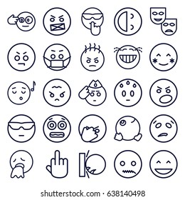 Expression icons set. set of 25 expression outline icons such as laughing emot, blush, cool emot in sunglasses, emoji listening music, shocked emoji, middle finger