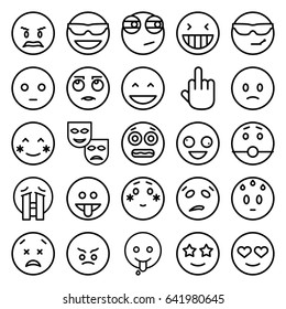 Expression icons set. set of 25 expression outline icons such as crazy emot, laughing emot, blush, shy emoji, happe emoji with star eyes, middle finger