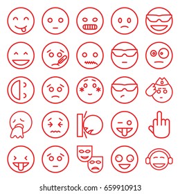 Expression icons set. set of 25 expression outline icons such as crazy emot, laughing emot, emoji showing tongue, shy emoji, emoji, middle finger