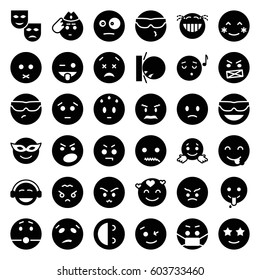 Expression icons set. set of 36 expression filled icons such as blush, wink emot, emoji in mask, emot in sun glasses, emoji showing tongue