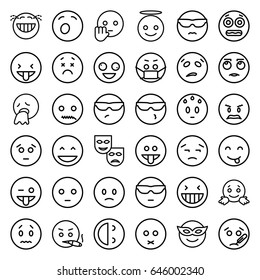 Expression icons set. set of 36 expression outline icons such as crazy emot, laughing emot, emoji in mask, emoji showing tongue