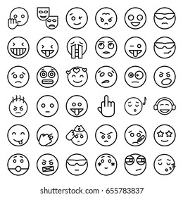 Expression icons set. set of 36 expression outline icons such as crazy emot, laughing emot, emoji showing tongue, emoji listening music, middle finger