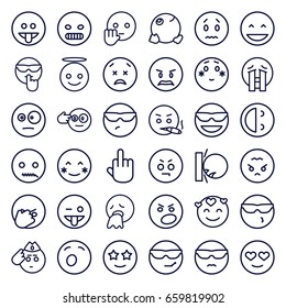 Expression icons set. set of 36 expression outline icons such as laughing emot, blush, emot in sun glasses, emoji showing tongue, emoji angel