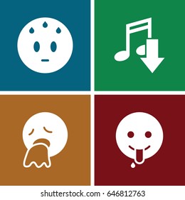 Expression icons set. set of 4 expression filled icons such as sweating emot, vomiting emot, emoji showing tongue
