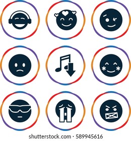 expression icons set. Set of 9 expression filled icons such as blush, wink emot, sad emot, emoji, crying emoji