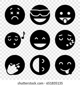 Expression icons set. set of 9 expression filled icons such as laughing emot, emot in sun glasses