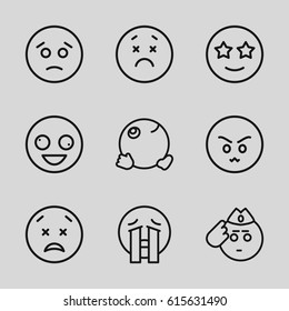 Expression icons set. set of 9 expression outline icons such as crazy emot, sad emot, happe emoji with star eyes, crying emoji