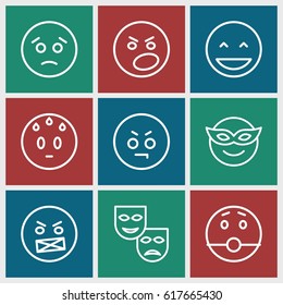 Expression icons set. set of 9 expression outline icons such as laughing emot, emoji in mask, sad emot