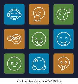 Expression icons set. set of 9 expression outline icons such as sad emot, emoji listening music, emot showing tongue