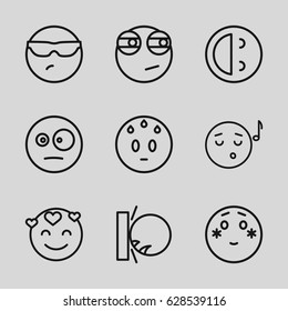 Expression icons set. set of 9 expression outline icons such as cool emot in sunglasses, sweating emot, emoji listening music, shy emoji