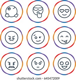 Expression icons set. set of 9 expression outline icons such as crazy emot, wink emot