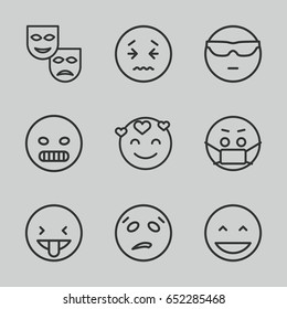 Expression icons set. set of 9 expression outline icons such as laughing emot, cool emot in sunglasses, emoji in mask