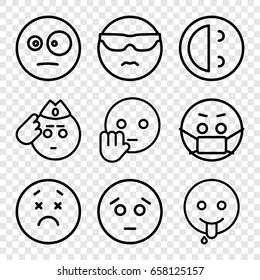 Expression icons set. set of 9 expression outline icons such as sad emot, cool emot in sunglasses, emoji in mask