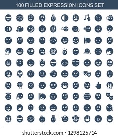 expression icons. Trendy 100 expression icons. Contain icons such as laughing emot, angry emot, emoji in mask, emot in love, emoji angel, cool in sunglasses. expression icon for web and mobile.