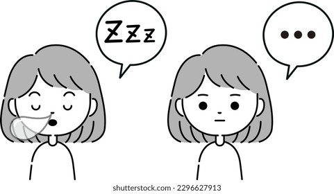 Expression illustration of a woman's sleep and silence with a speech bubble Monochrome