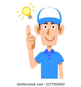 The expression of the inspiration of a male staff wearing a short-sleeved polo shirt and a hat. Upper body