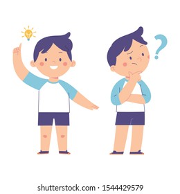 expression of a little boy who gets a new idea with a light bulb and the expression of asking questions with question marks, character vector illustration