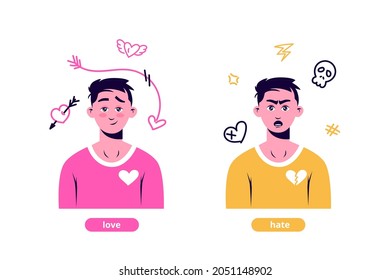 Expression of love and hate. Young man smiles shyly and confesses his feelings and angry offended guy aggressively breaks off vector romantic relationship