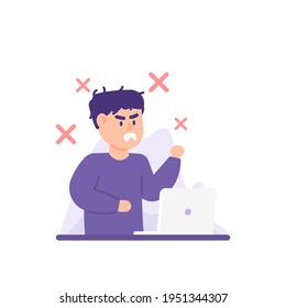 the expression of a male employee who is crazy and depressed or frustrated. angry that all his work went wrong or was rejected. flat style. vector design