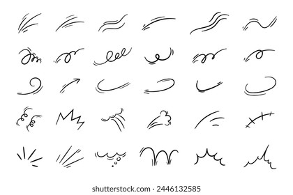 Expression and movement elements. Hand drawn emotion line, effects. Abstract hitting, jumping animation. Doodle curves, swirl, shape, motion. Vector set. Isolated puff and curved arrows