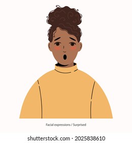 Expression on the face of a pretty African-American woman: surprise.