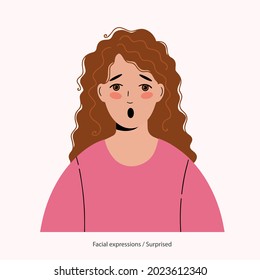 Expression on the face of a pretty curly-haired girl: surprise.