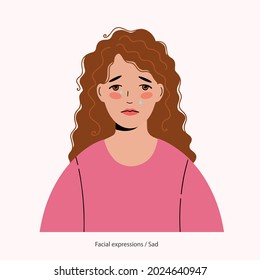 Expresión sobre la cara de una linda chica de cabello rizado: triste. La chica está llorando.	
