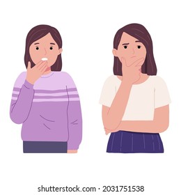 expression on the face of a young woman who is surprised and thinking with her hand on her chin
