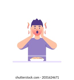 The Expression Of A Person Or Man Who Is Hot And Spicy Due To Eating Spicy Noodles. Shocked And Surprised By The Taste Of A Food. Blushing Face. Flat Cartoon Style. Flat Design