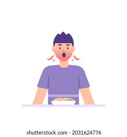 the expression of a person or man who is hot and spicy due to eating spicy noodles. shocked and surprised by the taste of a food. blushing face. flat cartoon style. flat design