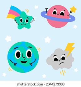 Expression Planet Earth and Climate emotion concept set. Cartoon vector illustration clouds and planet various climates. Facial expression of clouds for game, chat, social media, publishing and books