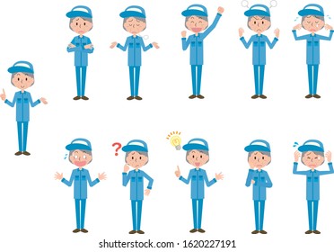 Expression pose set of elderly woman wearing work clothes