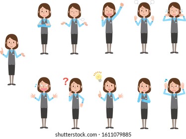Expression pose set of young female clerk