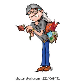 the expression of a sad man, with a withered flower in his hand.