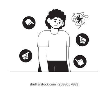 An expression of sadness and depression shown by someone because of racist actions from people around them, black and white outline style, social issues vector illustration.