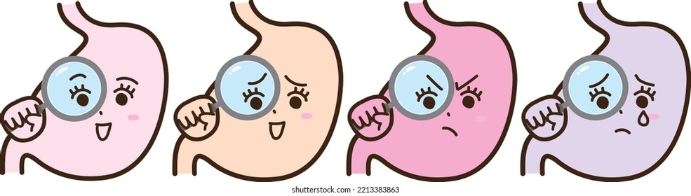 Expression set of anthropomorphic stomach emotions to be inspected and diagnosed with a magnifying glass