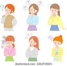 Expression set of confused young woman
