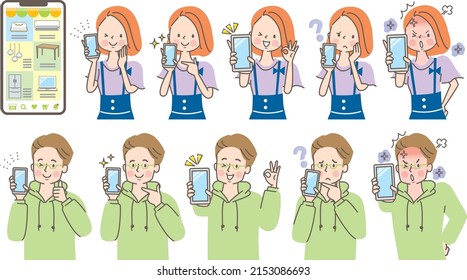 Expression set of young men and women showing the screen of the smartphone
