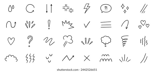Expression sign, Anime manga doodle set. Comic decorative brush stroke lines, design elements, emotion symbols, movement in sketch style. Hand drawn vector illustration isolated on white background