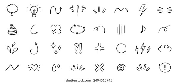 Expression sign, Anime manga doodle set. Comic decorative brush stroke lines, design elements, emotion symbols, movement in sketch style. Hand drawn vector illustration isolated on white background