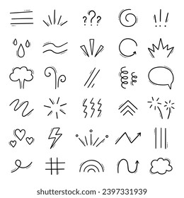 Expression sign doodle set. Comic decorative brush stroke lines, design elements, emotion symbols, anime movement in sketch style. Hand drawn vector illustration isolated on white background