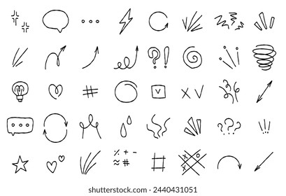 Expression sign,  doodle set. Comic decorative brush stroke lines, design elements, emotion symbols, movement in sketch style. Hand drawn vector illustration isolated on white background