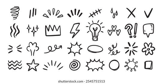 Sinal de expressão mão desenhado doodle set para design de conceito. Elementos de expressão isolados em plano de fundo branco. Ilustração vetorial