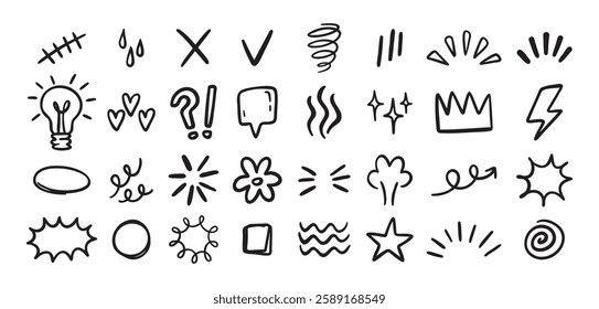 Expression sign hand drawn doodle set for concept design. Expression elements isolated on white background. Vector illustration