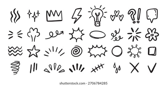 Conjunto de doodle dibujado a mano de signo de expresión para diseño conceptual. Elementos de expresión aislados sobre fondo blanco. Ilustración vectorial