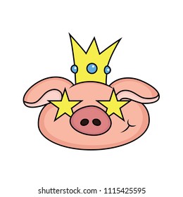 the expression of a smiling king pig cartoon with star eye