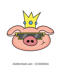 the expression of a smiling king pig cartoon with glasses
