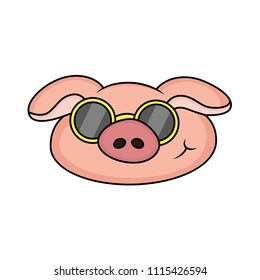 the expression of a smiling pig cartoon with cute and cool glasses