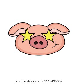 the expression of a smiling pig cartoon with star eye